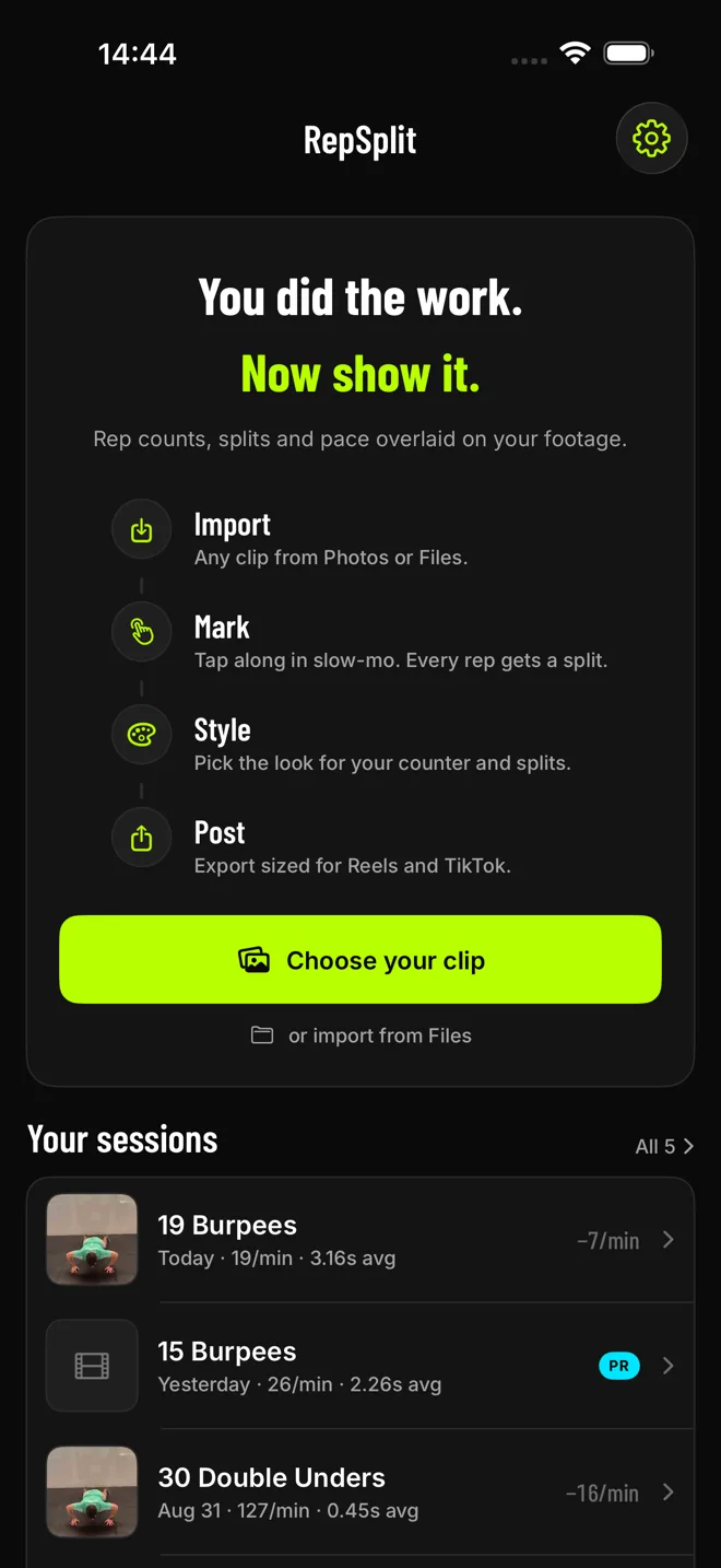 RepSplit home screen with the Choose your clip button